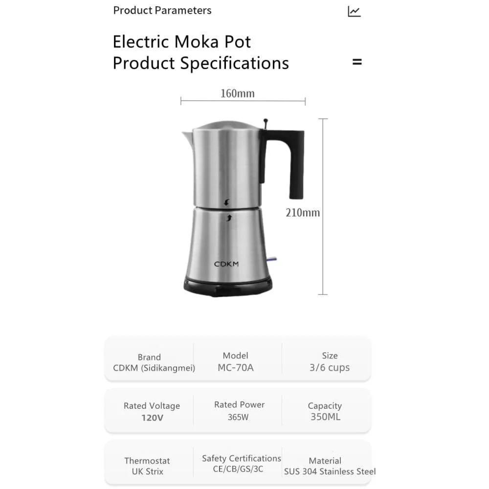 Электрическая гейзерная кофеварка Mocha 3-6 чашек Автоматическая Нержавеющая сталь 304, фото №9