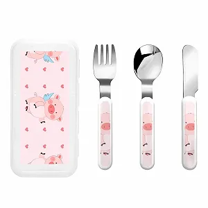 Набір дитячих столових приборів з трьох предметів з мультяшним друком «Літаюча свиня», багаторазовий - Фото 1