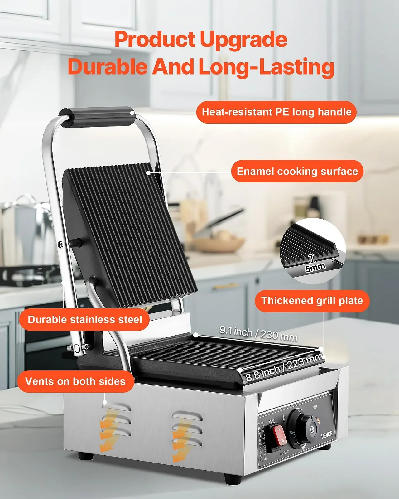 Контактний гриль VEVOR Commercial Panini Grill 1800 Вт для сендвічів, стейків, бекону, гамбургерів, фото №3