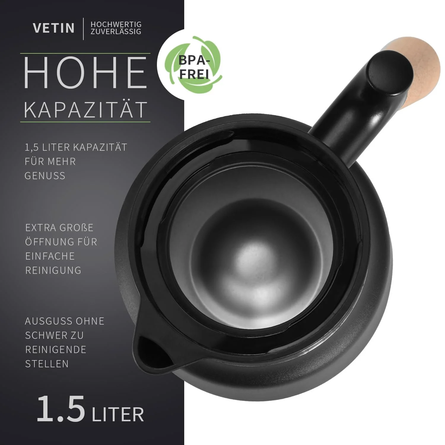 Термос VETIN 1,5 л, чайник-термос из нержавеющей стали 304 с двойными стенками с вакуумной изоляцией, изолированный кувшин с ручкой под дерево, термос для кофе 10 часов тепла / 16 часов холода (черный), фото №3 Термос VETIN 1,5 л, чайник-термос из нержавеющей стали 304 с двойными стенками с вакуумной изоляцией, изолированный кувшин с ручкой под дерево, термос для кофе 10 часов тепла / 16 часов холода (черный), фото №3