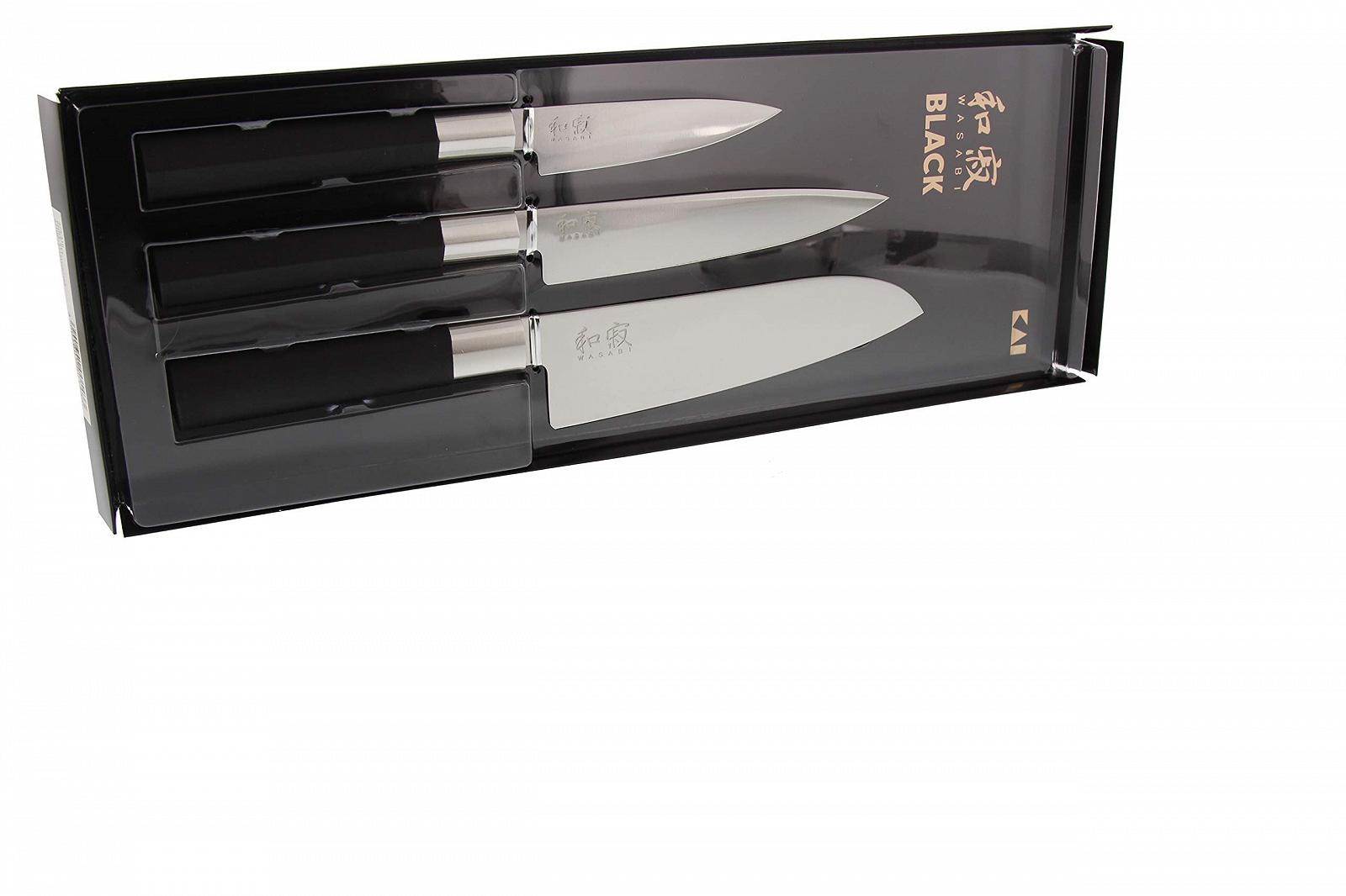 Набір ножів: Універсальний KAI Wasabi Black 10 см, Універсальний 15 см, Сантоку 16.5 см, нержавіюча сталь, чорний, фото №1
