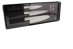 Набір ножів: Універсальний KAI Wasabi Black 10 см, Універсальний 15 см, Сантоку 16.5 см, нержавіюча сталь, чорний - Фото 1