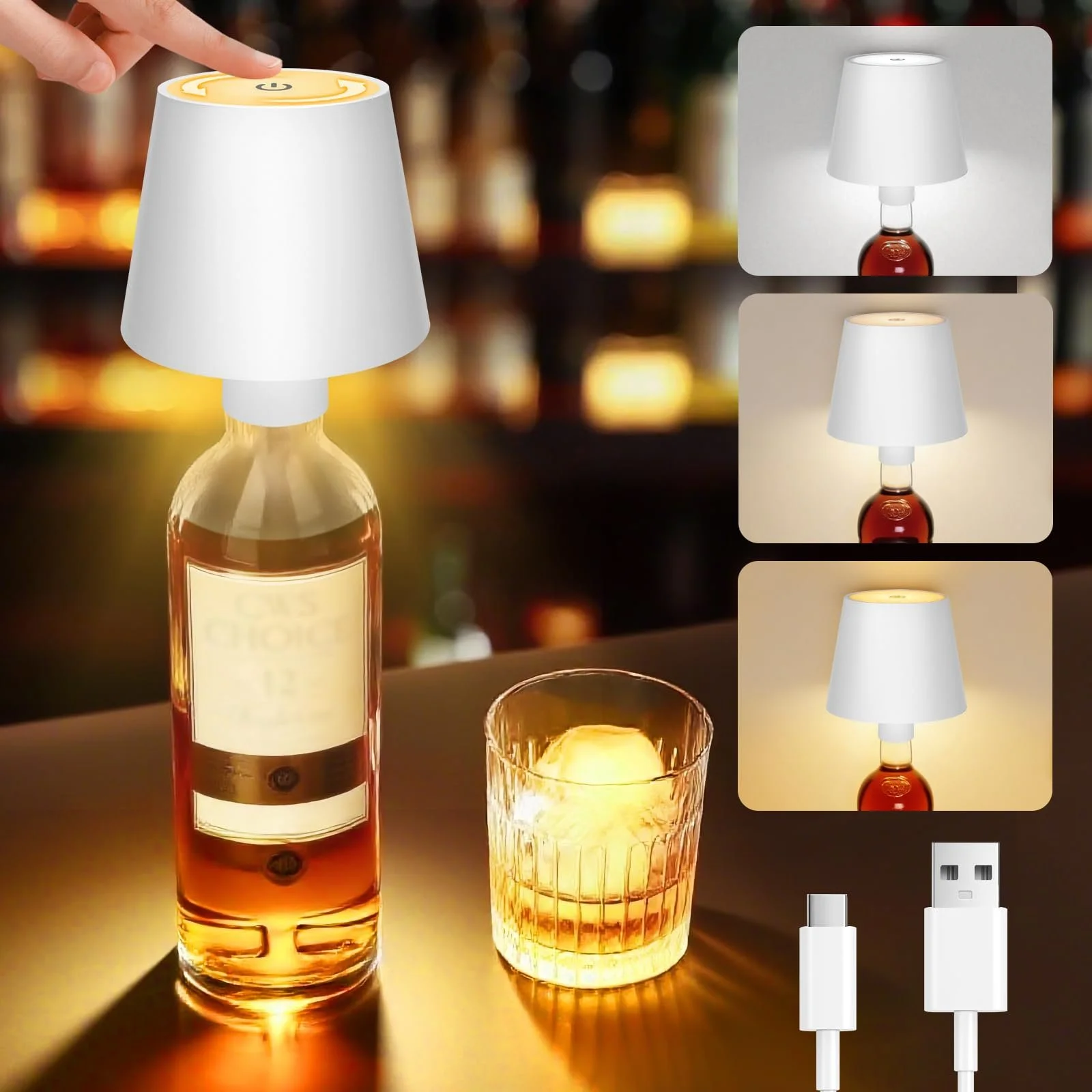 Настільна лампа-насадка на пляшку LED USB Акумуляторна 5200 мАг Сенсорна 3 температури Біла, фото №1