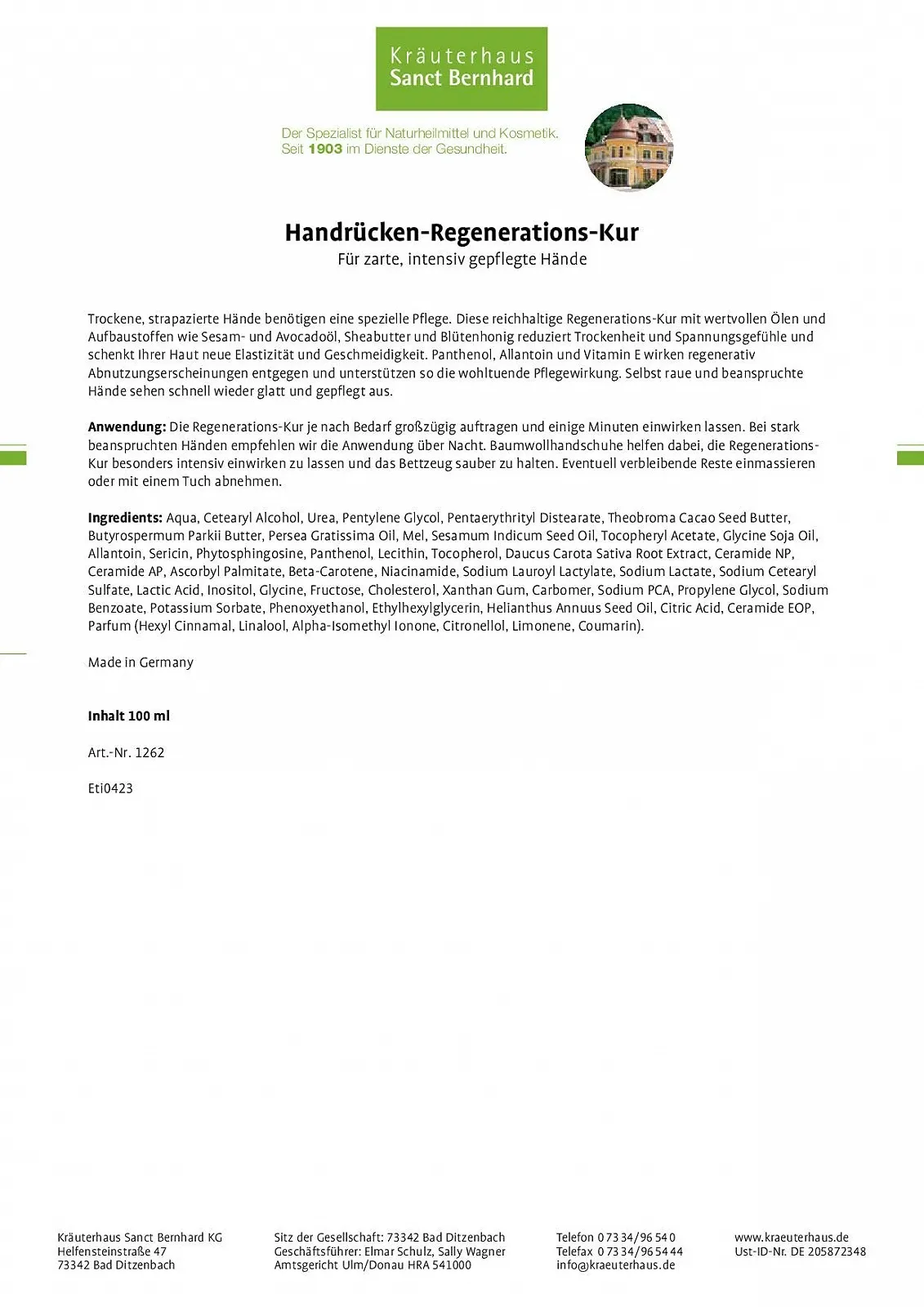 Засіб для рук Sanct Bernhard Відновлення з кунжутною олією, олією авокадо та маслом ши для сухої шкіри та відчуття стягнутості 100 мл, фото №3
