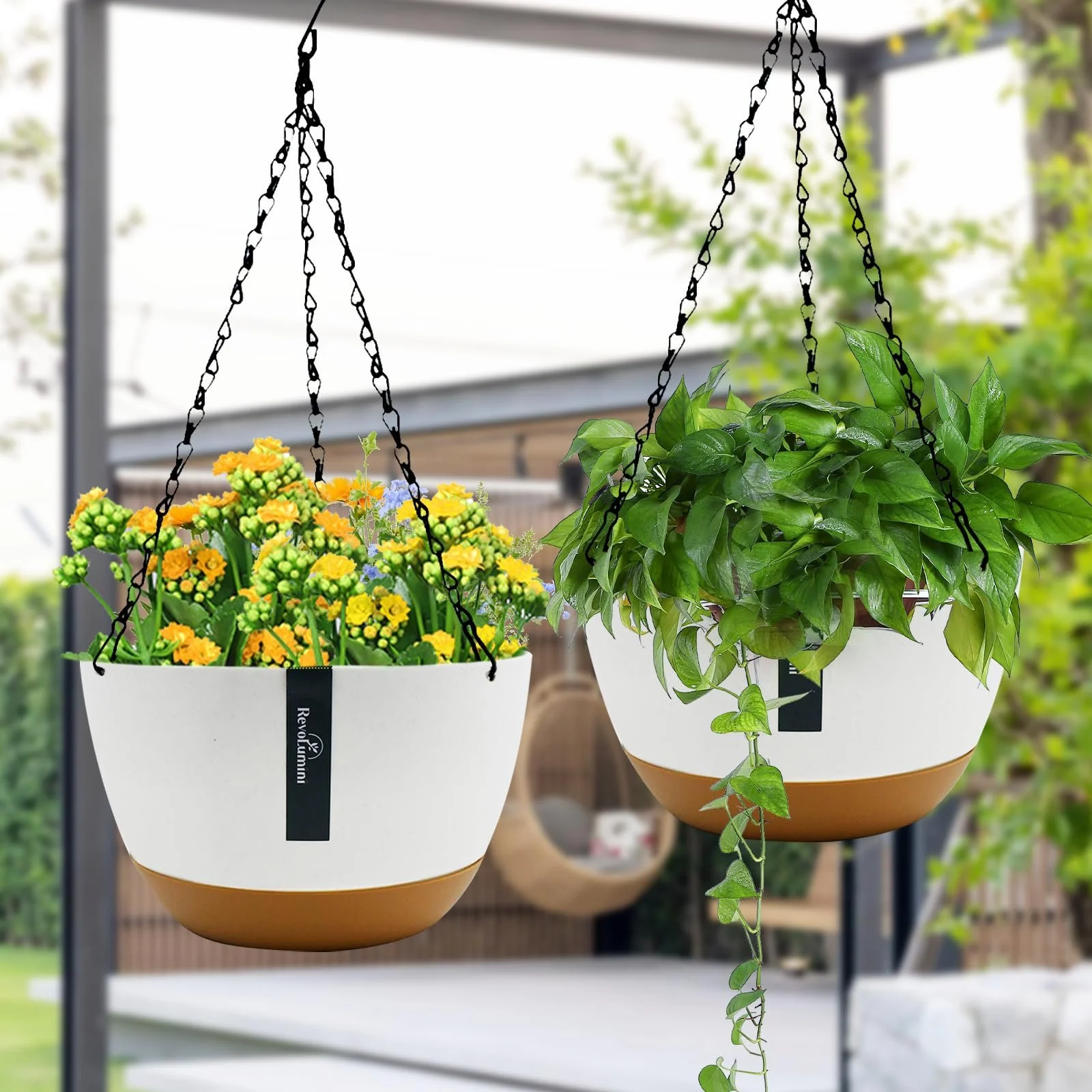Підвісний квітковий горщик 21 см з ланцюжками, дренажними отворами та піддоном, набір 2 шт., фото №7