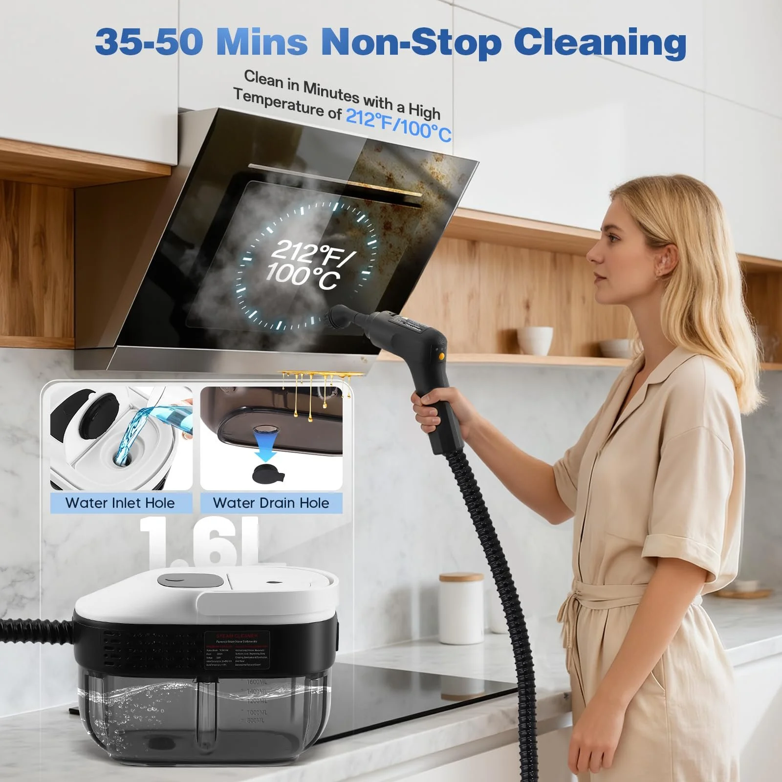 Ручний пароочисник 2500 Вт 1600 мл 3 бар із 6 щітками та 3 швидкостями, фото №3