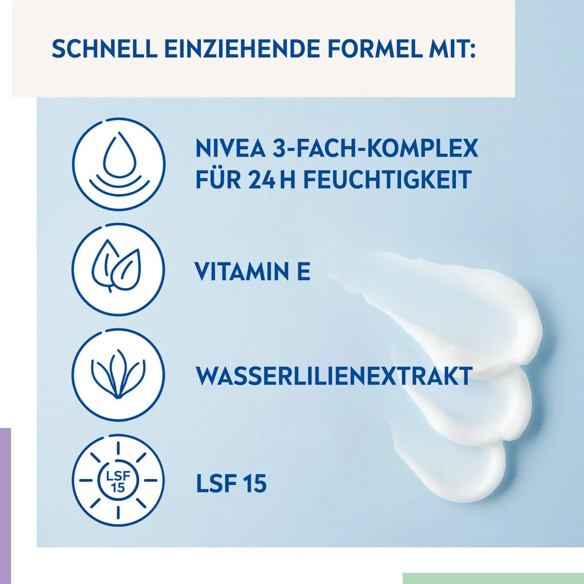 Денний крем NIVEA Erfrischende Tagespflege 24h Feuchtigkeit для нормальної та комбінованої шкіри з вітаміном Е SPF 15 50 мл, фото №3