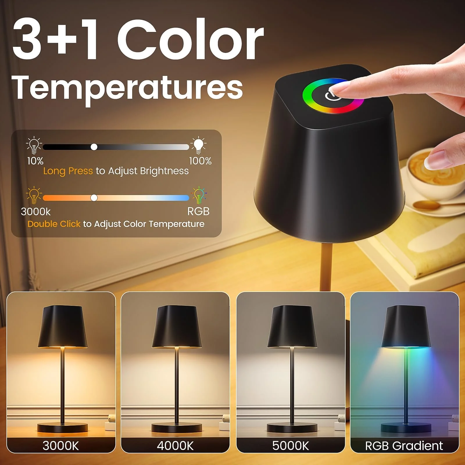 Настільна лампа Quntis LED бездротова акумуляторна Touch 3000 K - 5000 K + RGB USB IP44, фото №3