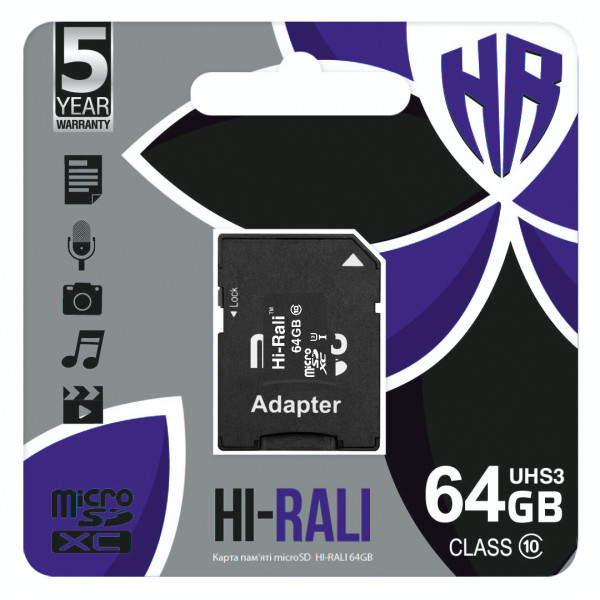Карта памяти MicroSDXC 64GB UHS-I/U3 Class 10 Hi-Rali  SD-adapter (HI-64GBSDU3CL10-01), фото №2