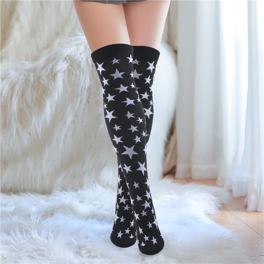 Гетры в полоску вязаные длинные носки выше колена полосатые гетры аксессуар для вечернего костюма набор 2 пары, черные звезды, фото №5