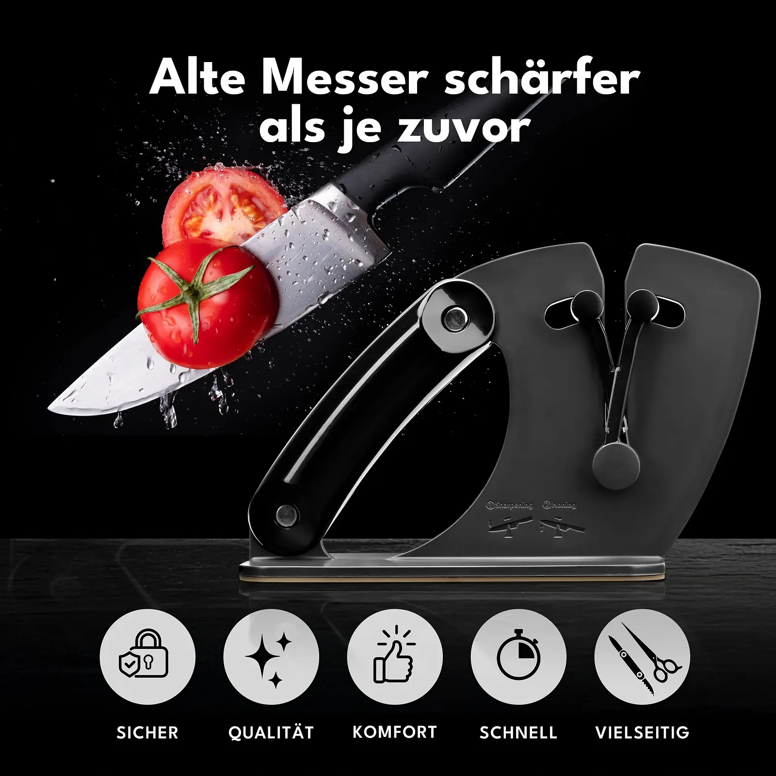 Точилка для ножів LEBENLANG Professional 15-45 градусів, рухоме V-подібне лезо, грубе та тонке заточування, для ножиць Чорний матовий, фото №4