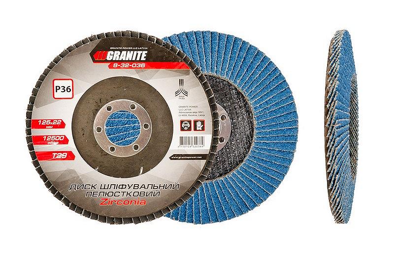 Диск шліфувальний пелюстковий конусний GRANITE ZIRCONIA Т29 зерно 36 125х22 мм 8-32-036, фото №1