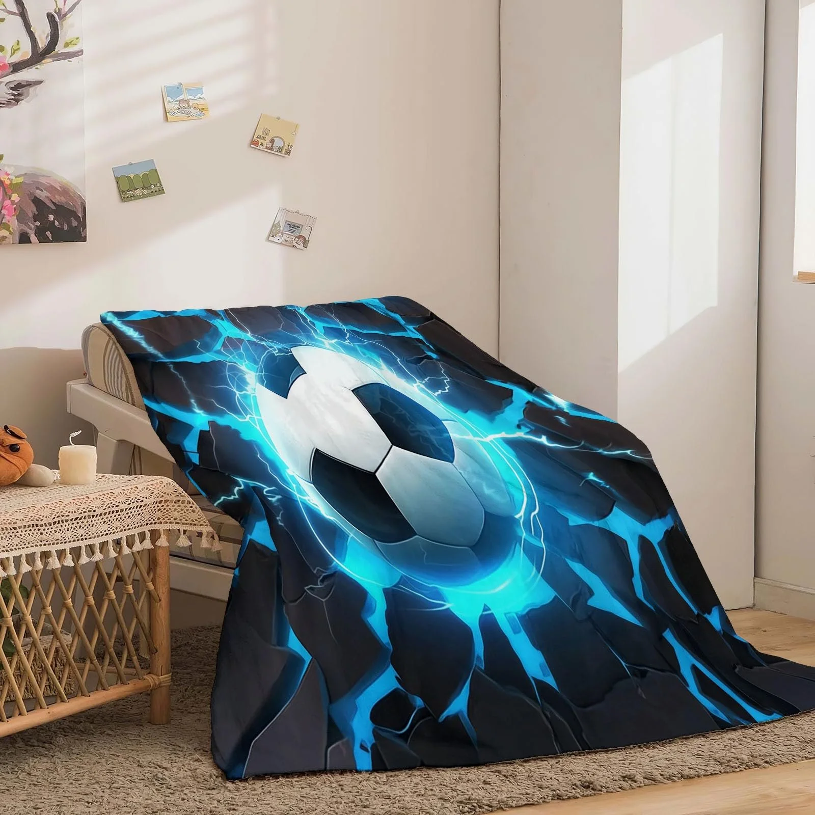 М'яка Покривало Однотонний 3D Футбольний м'яч Високоякісний фланель, Синій Чорний, 180 x 220 см, фото №3