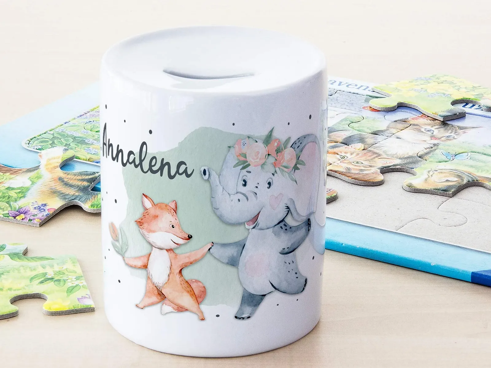 Скарбничка GRAZDesign дитяча керамічна Слон та лисиця з ім'ям персоніфікована, фото №4