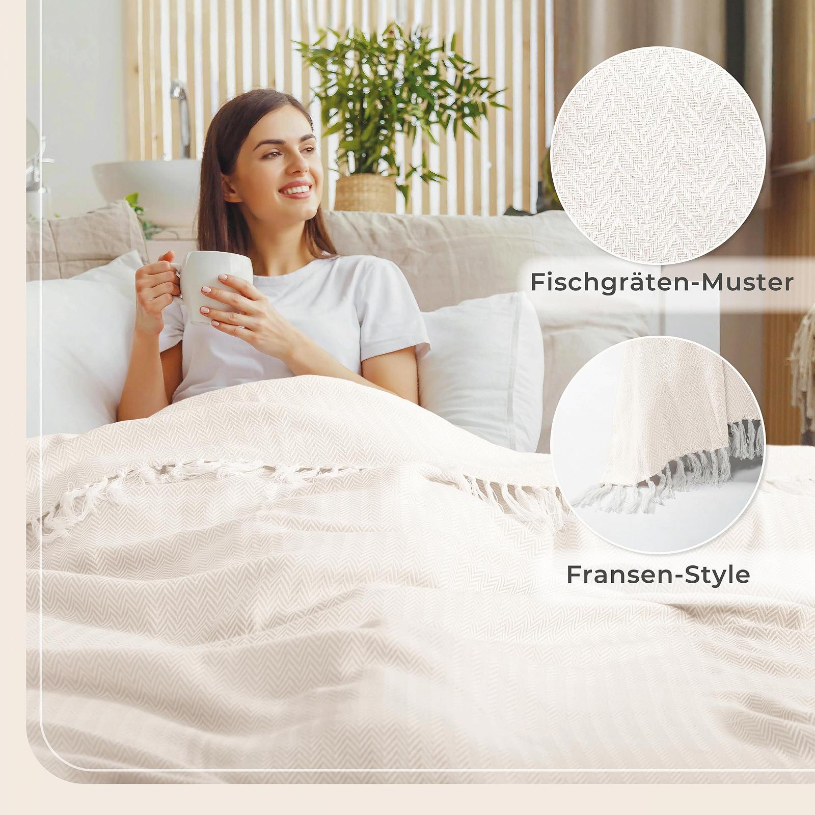 Покривало Gr"."fenstayn Premium з бахромою, XXL, 100% бавовна, 220 x 240 см, візерунок "ялинка", літня Плед, бавовняна Плед як накидка на ліжко, накидка на диван, Плед для дивана, кремовий, фото №6 Покривало Gr"."fenstayn Premium з бахромою, XXL, 100% бавовна, 220 x 240 см, візерунок "ялинка", літня Плед, бавовняна Плед як накидка на ліжко, накидка на диван, Плед для дивана, кремовий, фото №6