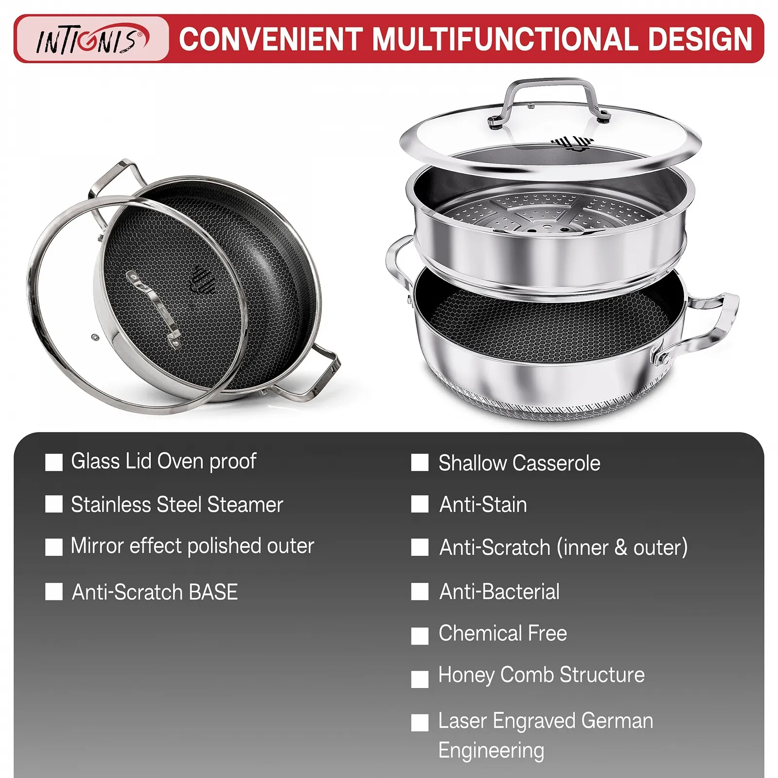 Сотейник антипригарний з кришкою для індукційних, газових та електричних плит з носиком нержавіюча сталь, фото №5