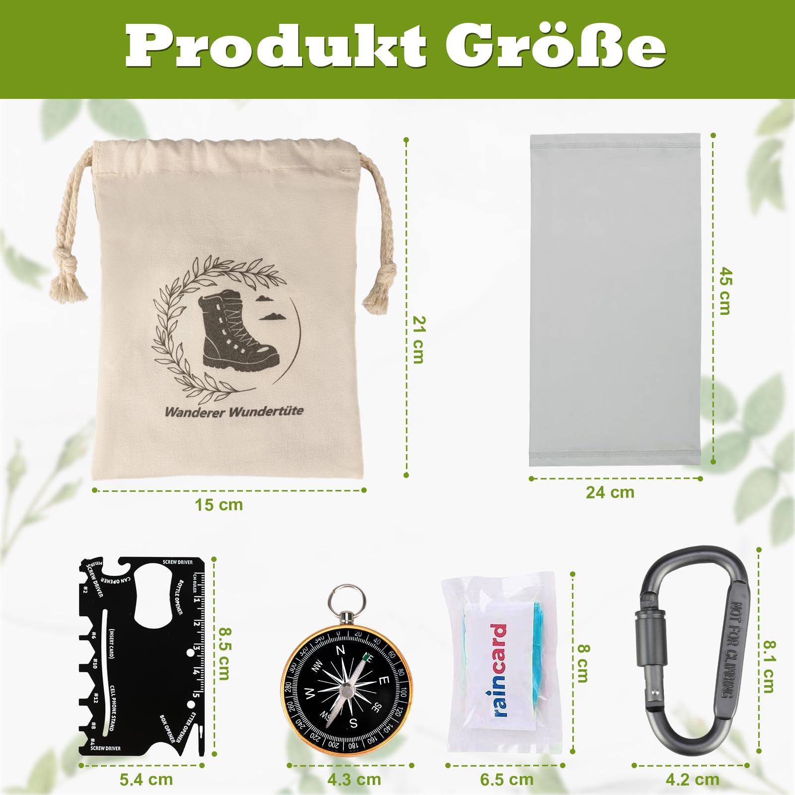 Набір для виживання Wanderer Wonder Bag, мультитул, туба для карт, шарф, шийна хустка, кишеньковий компас, альпіністський карабін, одноразовий дощовик, фото №2