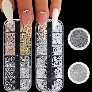 Стразы для ногтей 4 коробки Бусины с плоской задней частью Украшения для ногтей Золото Серебро Белый Полукруглые Аксессуары для ногтей Голографические блестки для ногтей Пайетки Самоцветы для ногтей для женщин Дизайн акриловых украшений для ногтей - Фото 1