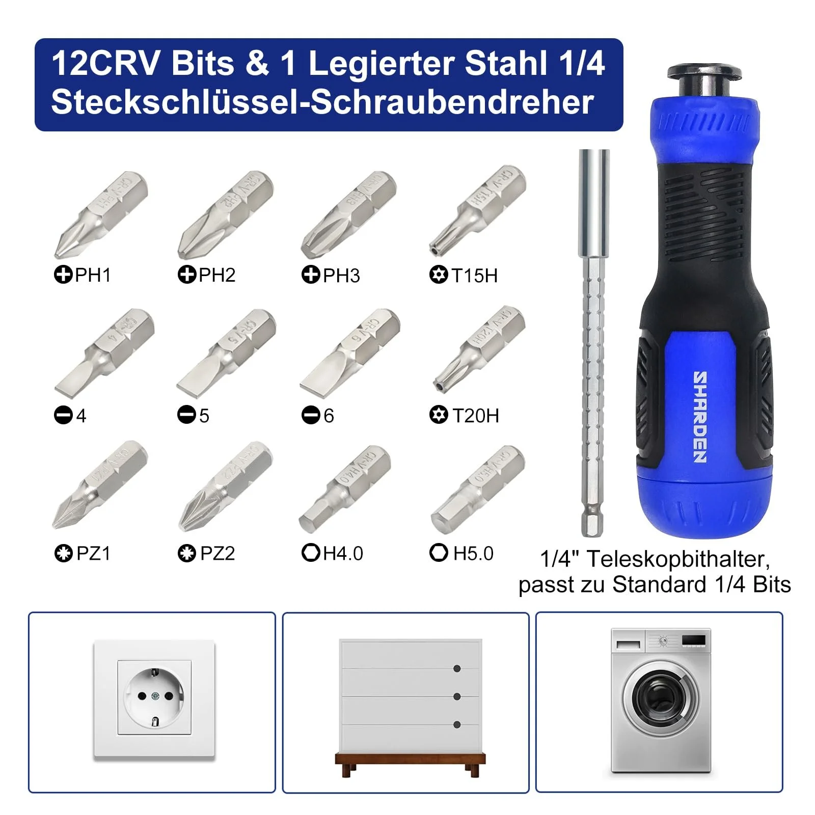 Викрутка-мультитул SHARDEN 13-в-1 магнітна з набором біт, фото №3