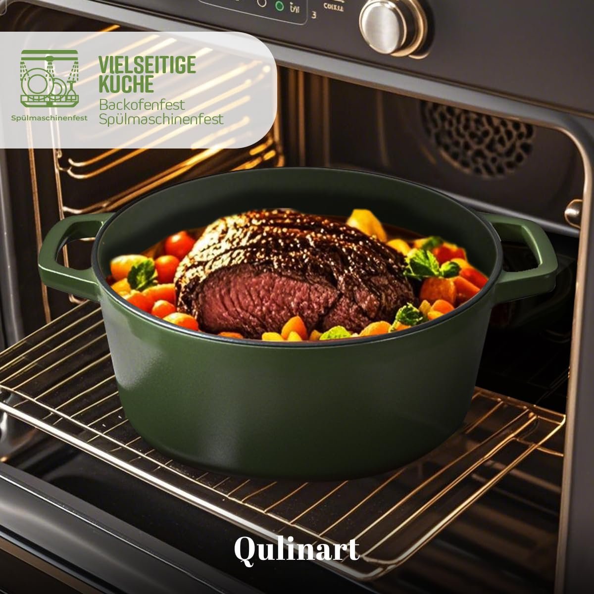 Кастрюля-жаровня QULINART чугунная овальная 4.7 л 30 см матовая зеленая индукционная, фото №6
