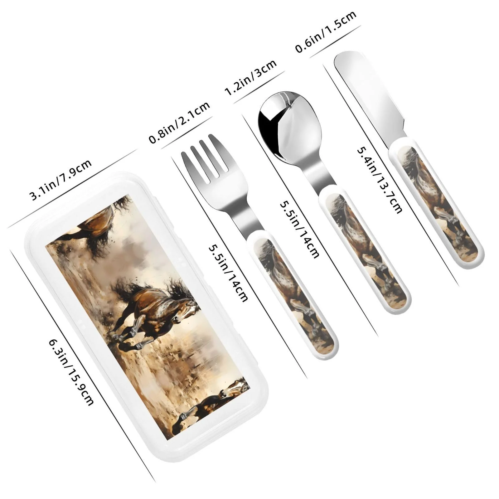 Дитячий набір столових приборів з принтом коня породи Western 3 предмети, фото №3 Дитячий набір столових приборів з принтом коня породи Western 3 предмети, фото №3