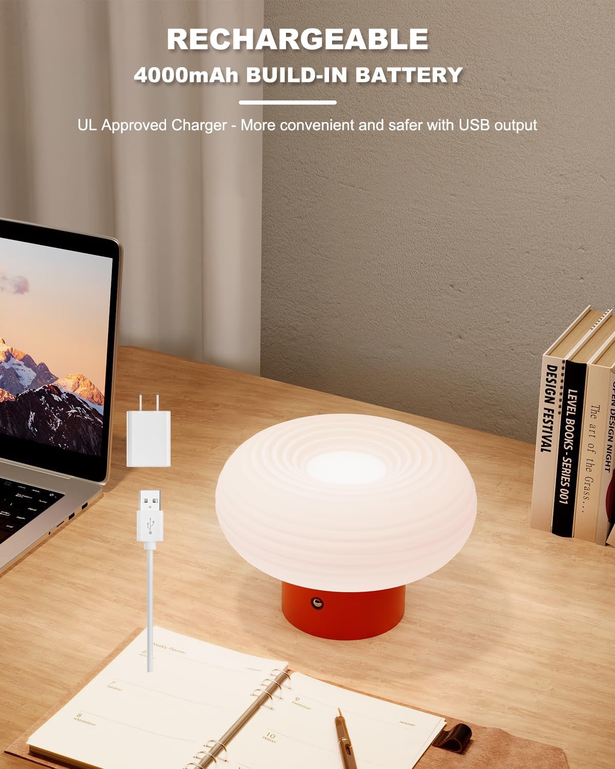 Настільна лампа FANHAO сенсорна регульована 3 кольори 4000 мАг бездротова акумуляторна гриб, фото №5