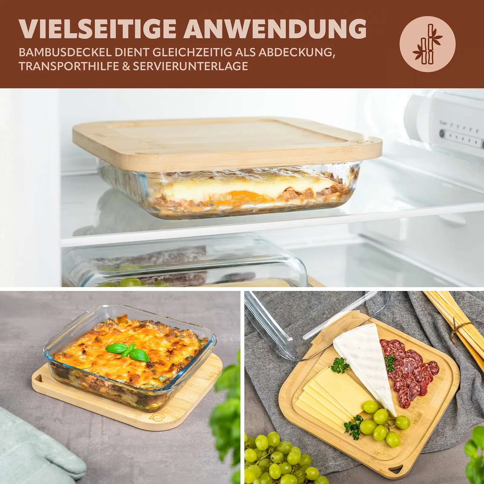 Стеклянная форма для запекания eluno с бамбуковой крышкой 1.8 л квадратная, фото №4