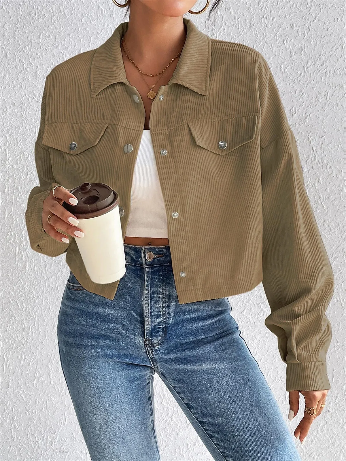 Жіноча М'яка Тепла Куртка на Ґудзиках Повсякденна Осіння Укорочена Вельветова, фото №5 Жіноча М'яка Тепла Куртка на Ґудзиках Повсякденна Осіння Укорочена Вельветова, фото №5