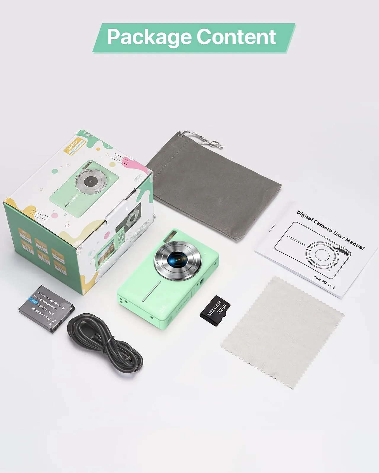 Цифрова камера 1080P 44MP 2,4-дюймовий LCD-екран 16x цифровий зум 32G Micro Memory Card 1 акумулятор Green, фото №8