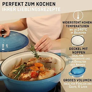 Кастрюля-жаровня VeoHome 6 л овальная чугунная эмалированная синяя synthetic.ua - Фото 1