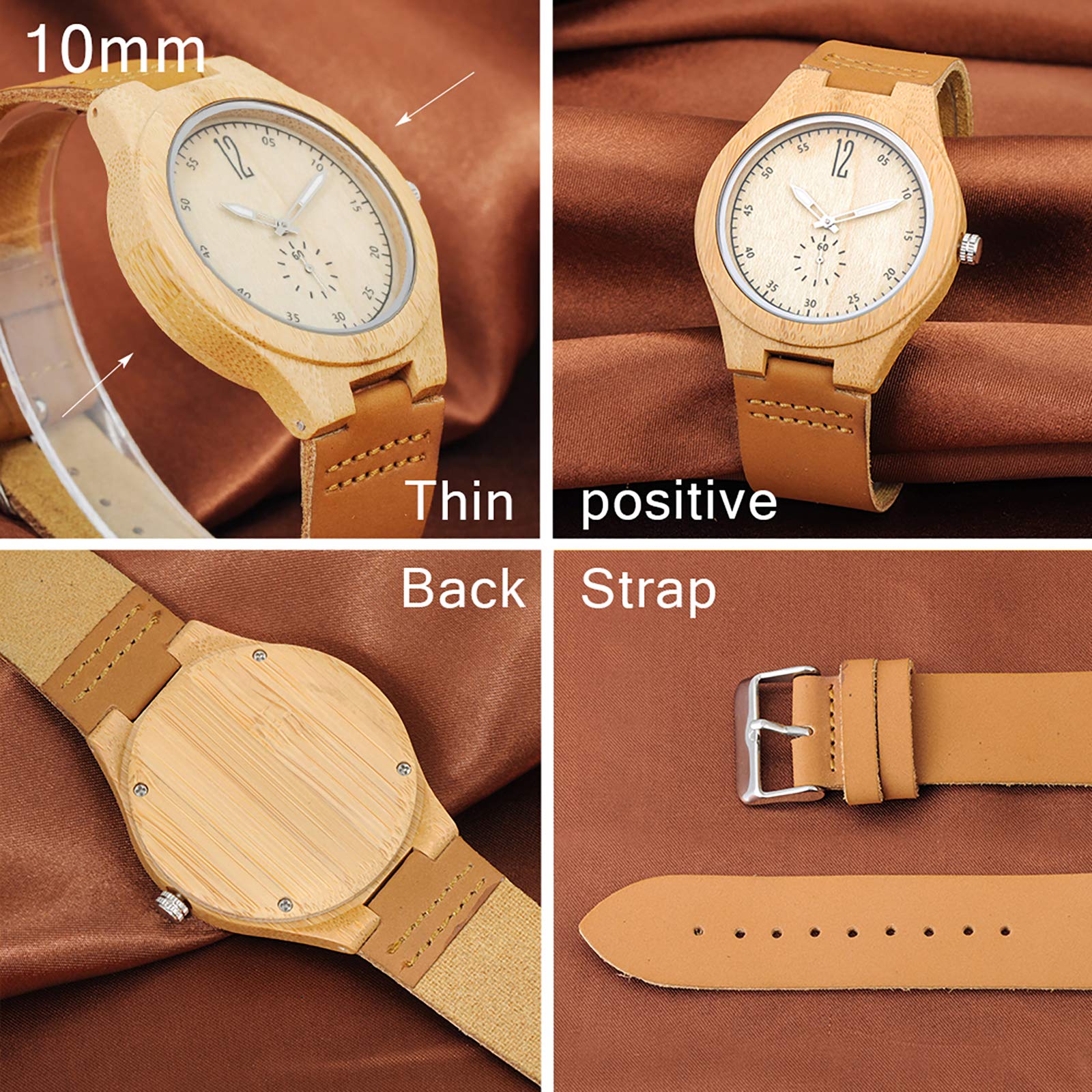 Часы MicLee Unisex Bamboo Simple Мужской женский Кварцевый Аналоговый с кожаным ремешком, фото №3