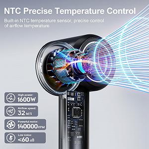 Фен YAIAWISU Ion, 140 000 об/мин, бесщеточный, LED-дисплей, 500 млн отрицательных ионов, черный synthetic.ua - Фото 1
