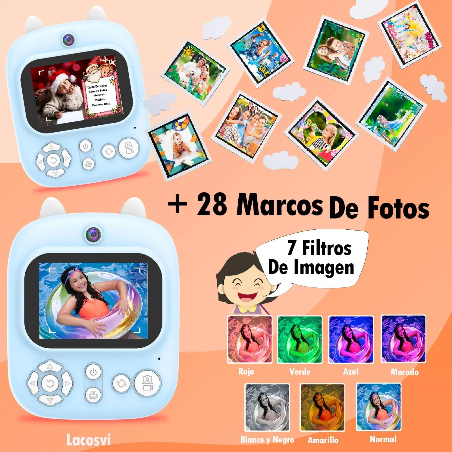 Цифровая камера мгновенной печати для детей Lacosvi 12 MP 1080p IPS 2.4" SD 32 GB Голубая, фото №3