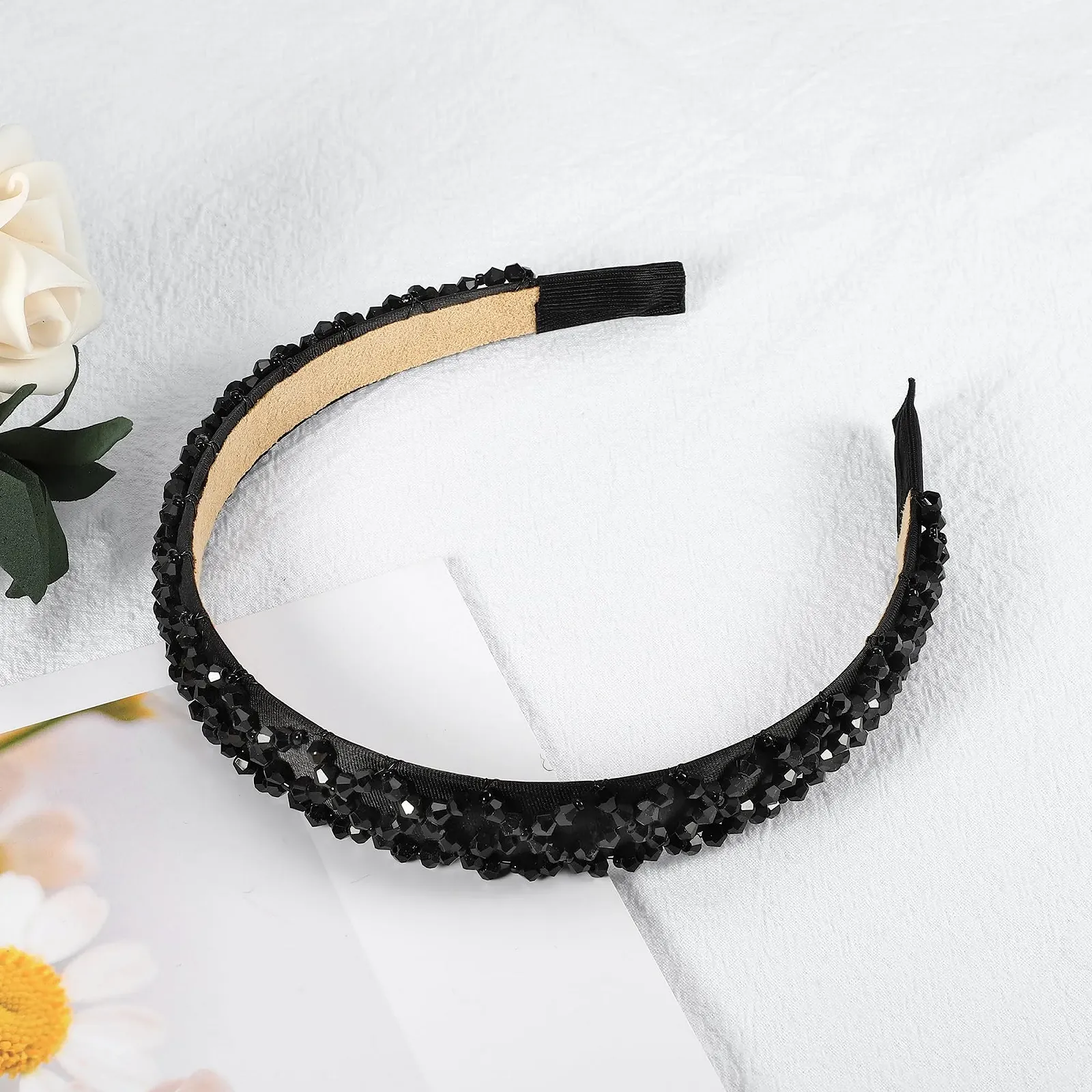 Обруч для волосся VOCOSTE зі стразами для жінок 2 cm шириною, чорний, фото №6