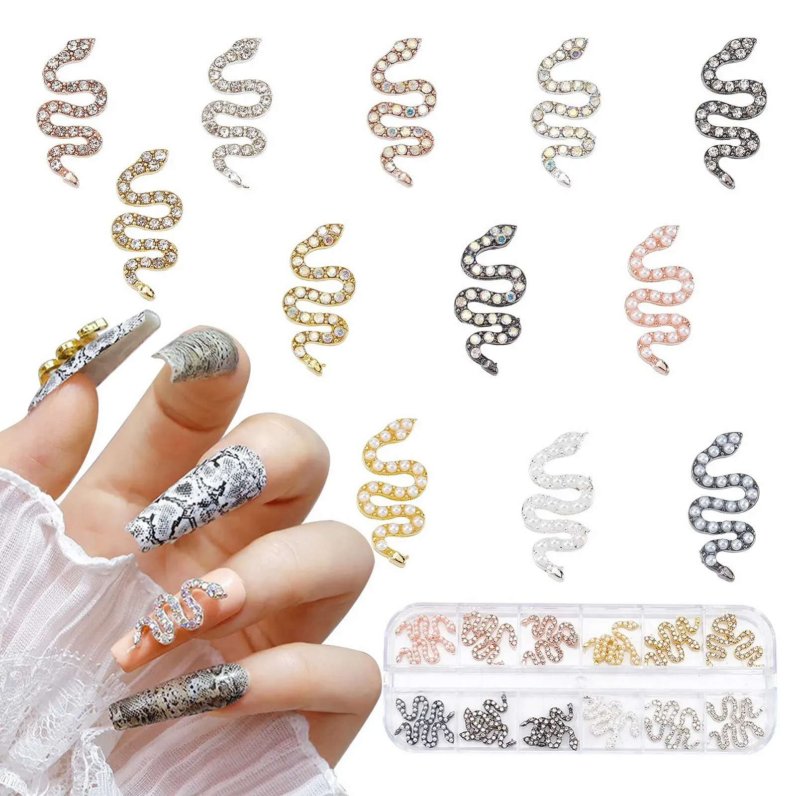 Стрази для нігтів Змія NICENEEDED 3D Хвиляста Змія з повними діамантовими намистинами Рожеве золото та срібло, фото №1