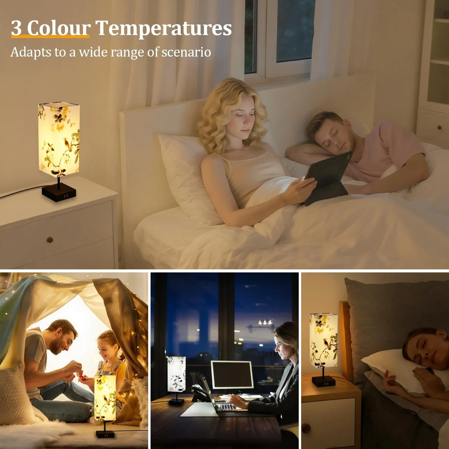 Настольная лампа прикроватная 2 шт тканевый плафон Птица диммер 3 температуры 2 USB порта, фото №4