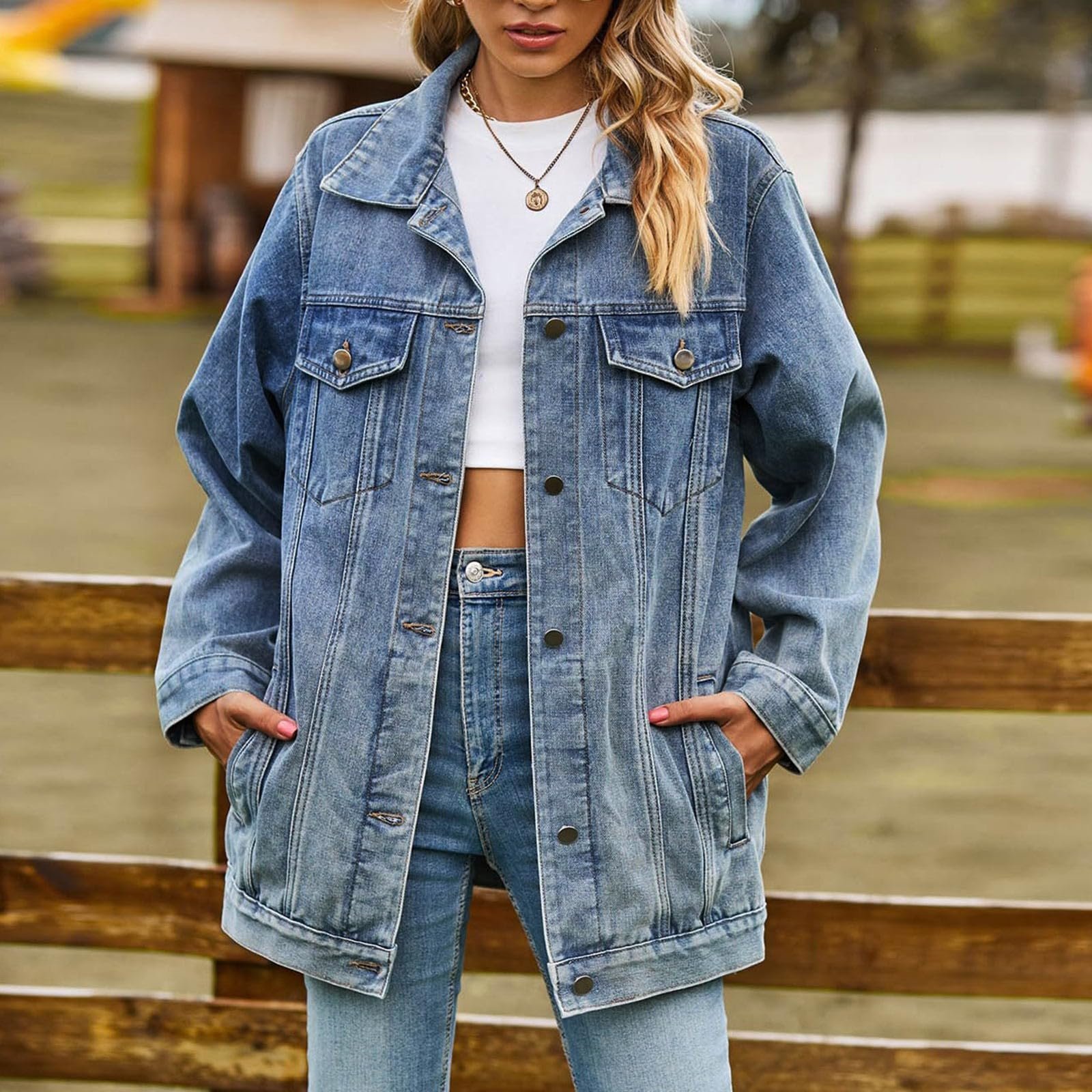 Джинсова Куртка Generisch Довга Повсякденна Потерта Жіноча Oversized, фото №4