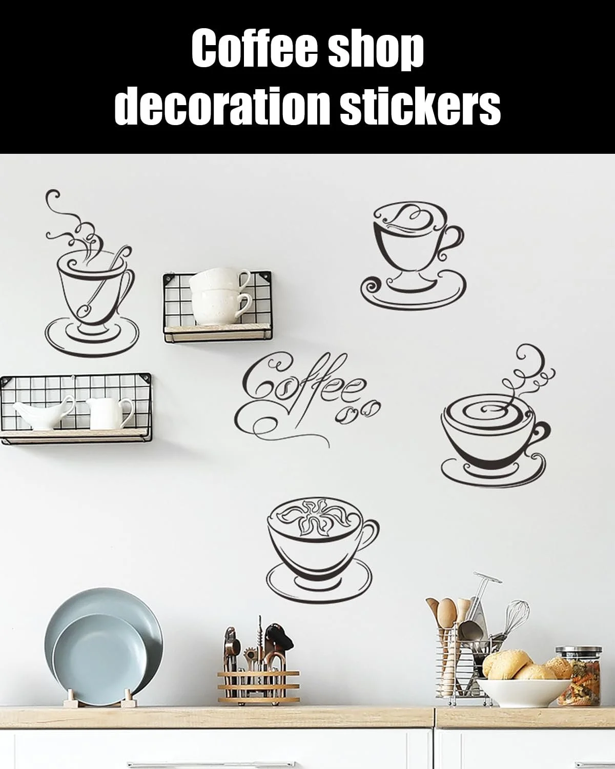 Наклейка для декору стін Кухонна Чашки та зерна кави чорна, фото №4 Наклейка для декору стін Кухонна Чашки та зерна кави чорна, фото №4