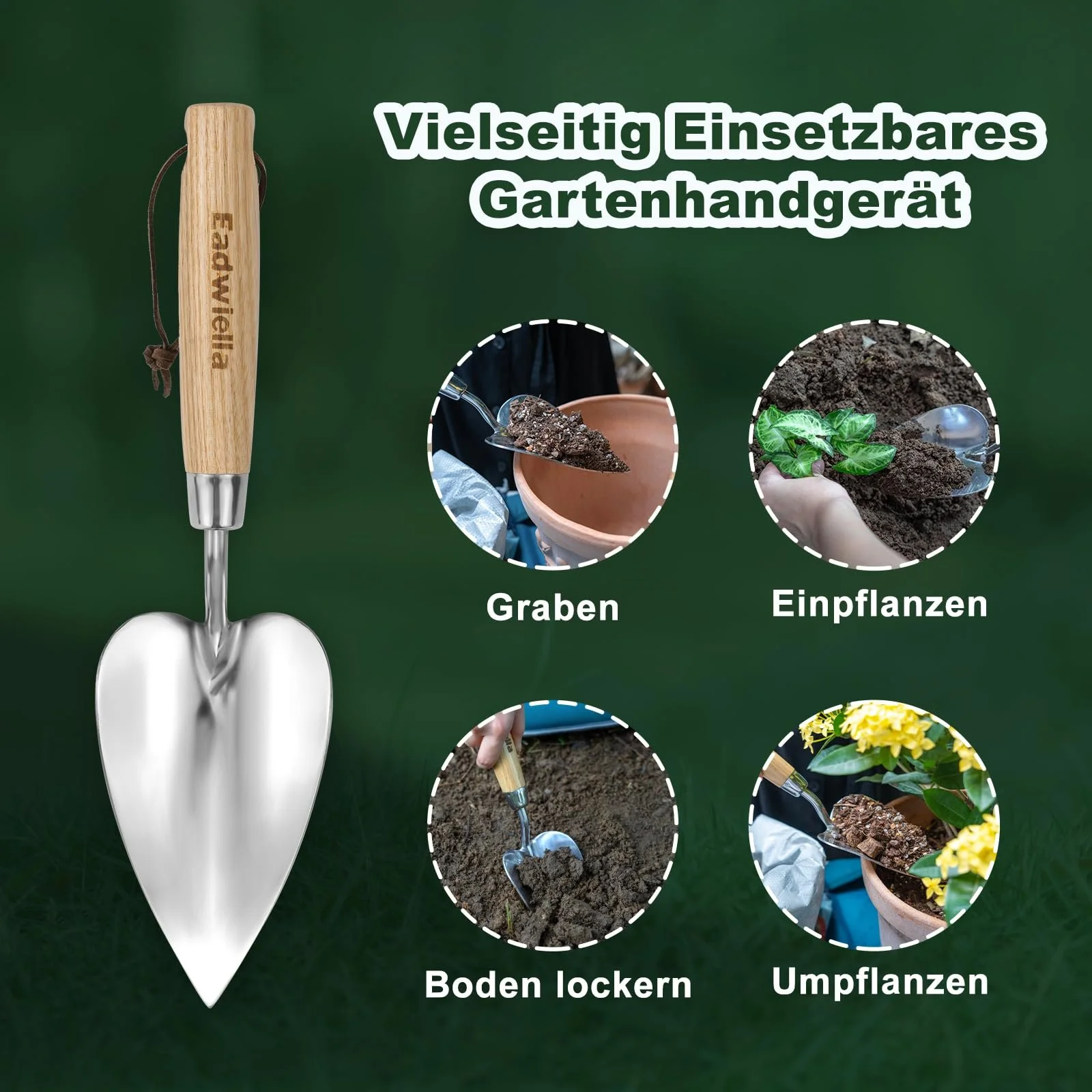 Лопата садовая Eadwiella One Heart Shaped, нержавеющая сталь, с деревянной эргономичной нескользящей ручкой, фото №6