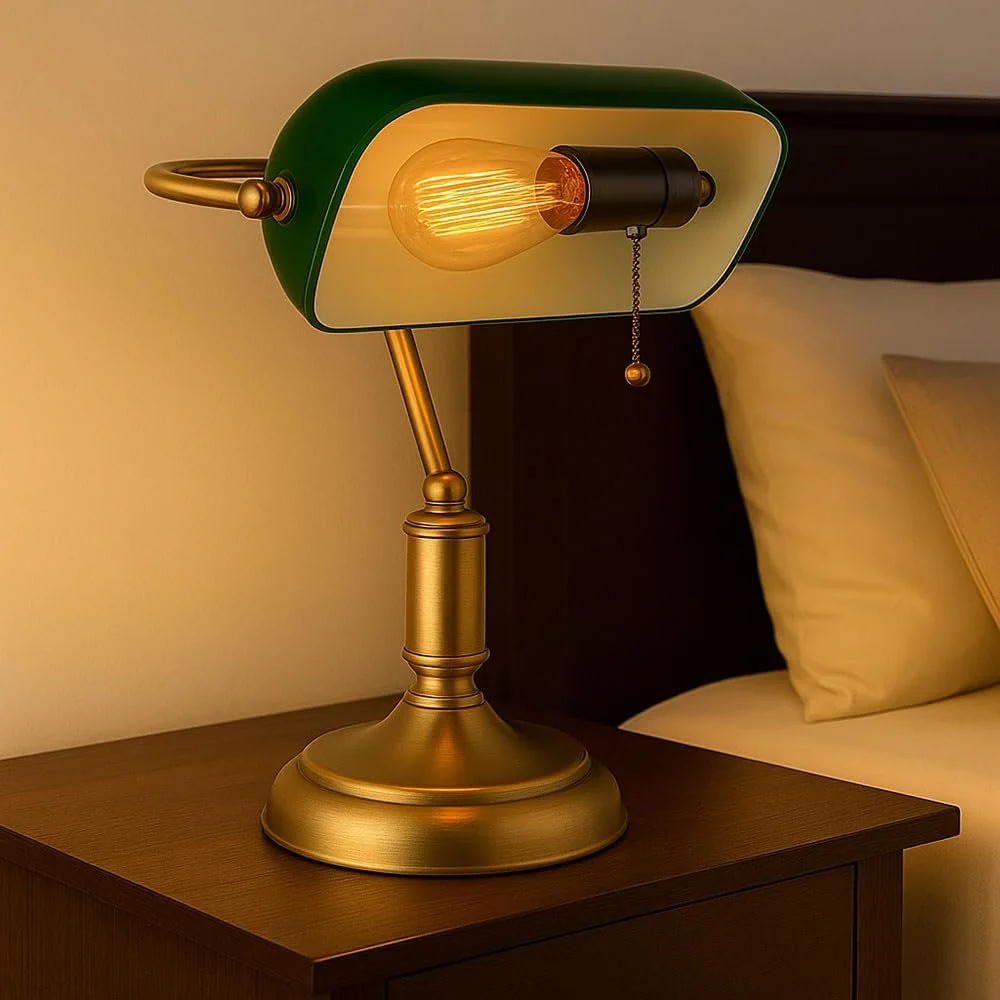 Настольная лампа Banker Античная латунь Стеклянная Зеленая E27 26.5 x 36 см, фото №3