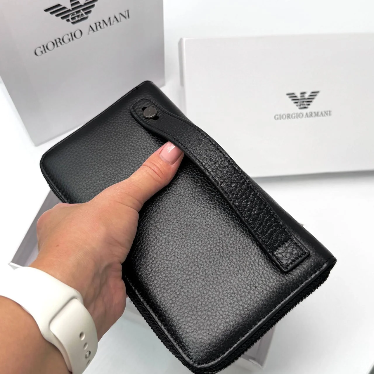 Мужской кожаный кошелек на молнии Giorgio Armani клатч на замке армани, фото №3