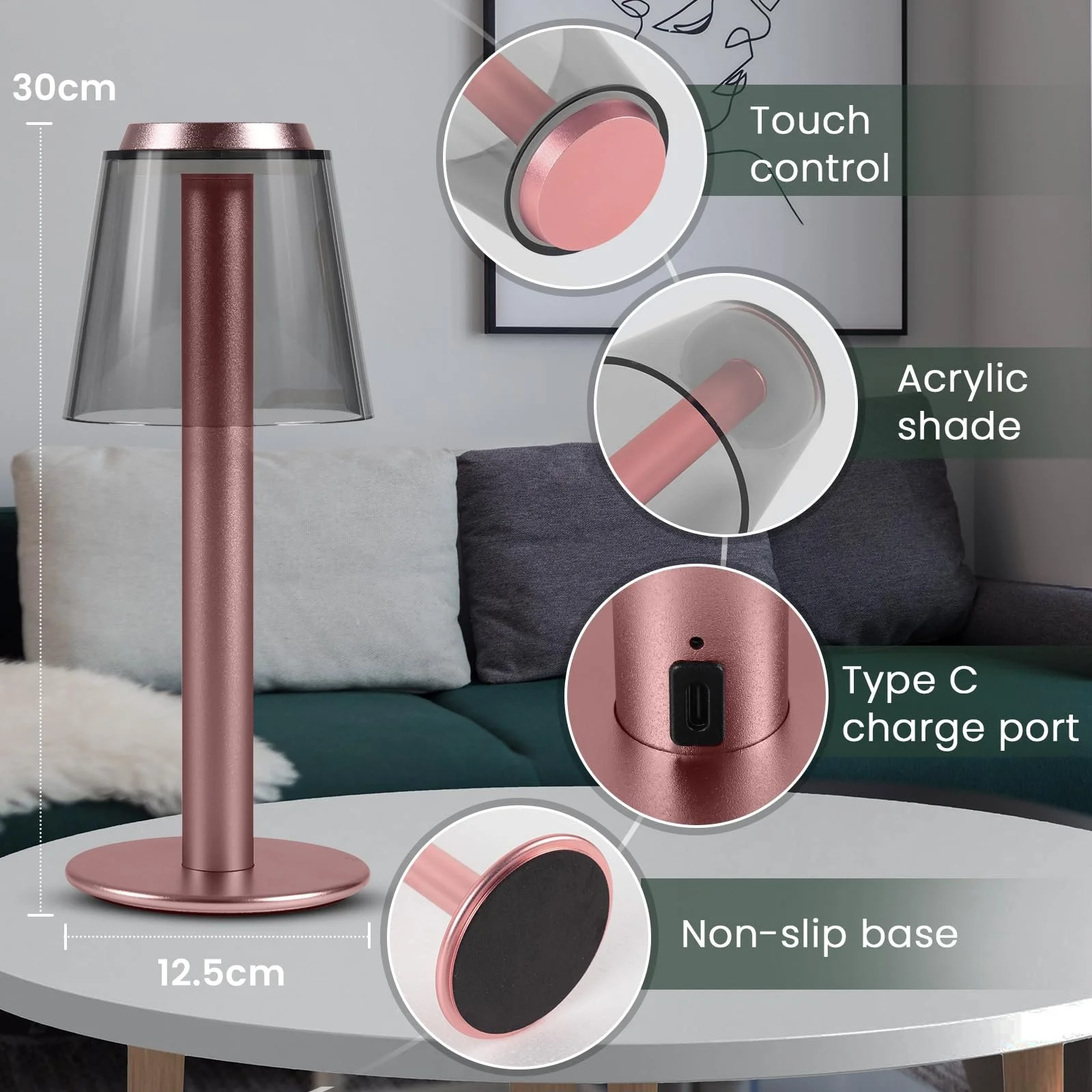 Настільна лампа Wireless сенсорна димована акумуляторна металева 3 рівні яскравості LED, фото №5