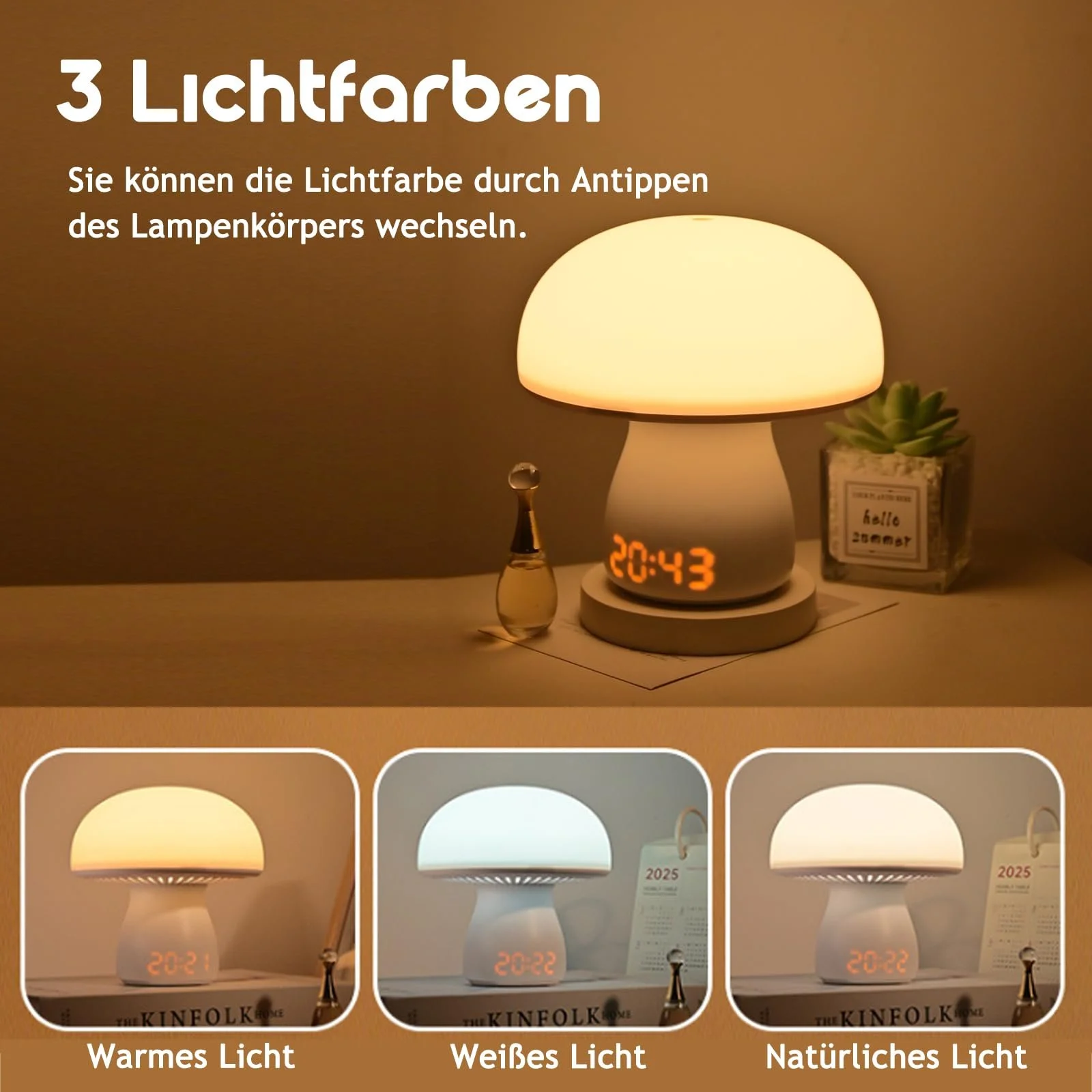 Настільна лампа Justup Mushroom світлодіодна акумуляторна 3600 мАг з годинником та таймером, фото №3