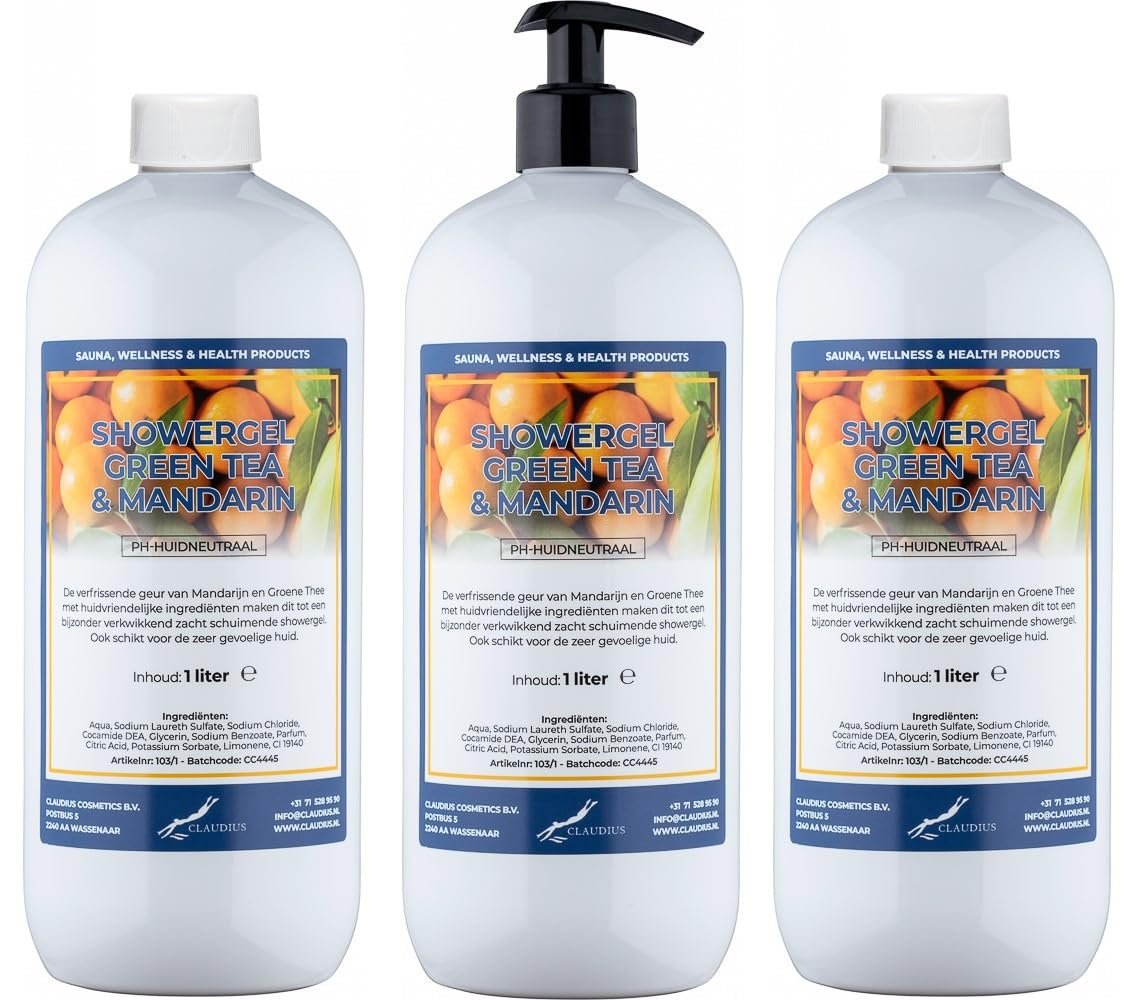 Гель для душу Claudius Green Tea & Mandarin 1 л набір із 3 шт. з дозатором, фото №1