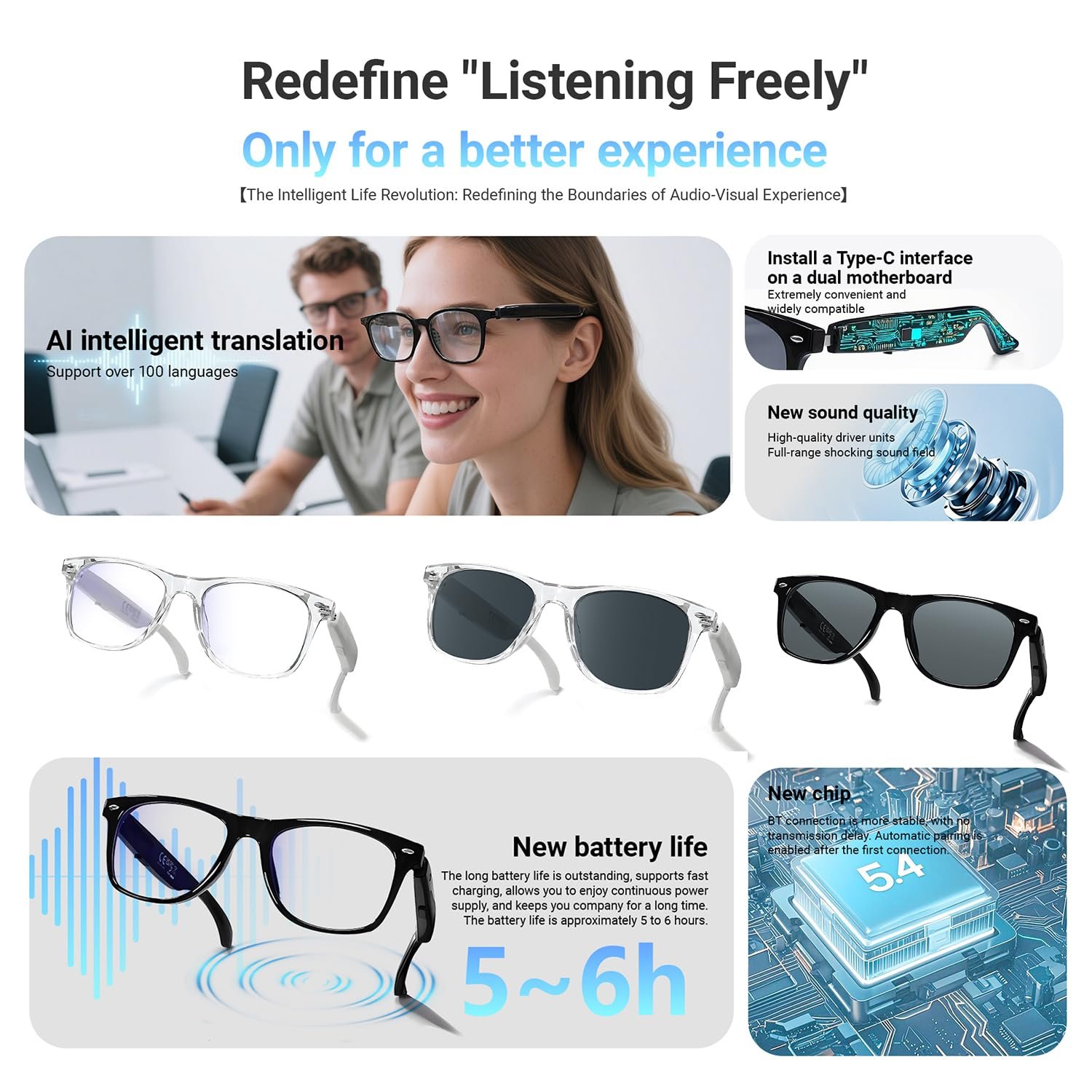 Умные очки переводчики, Черная оправа прозрачная линза, фото №5