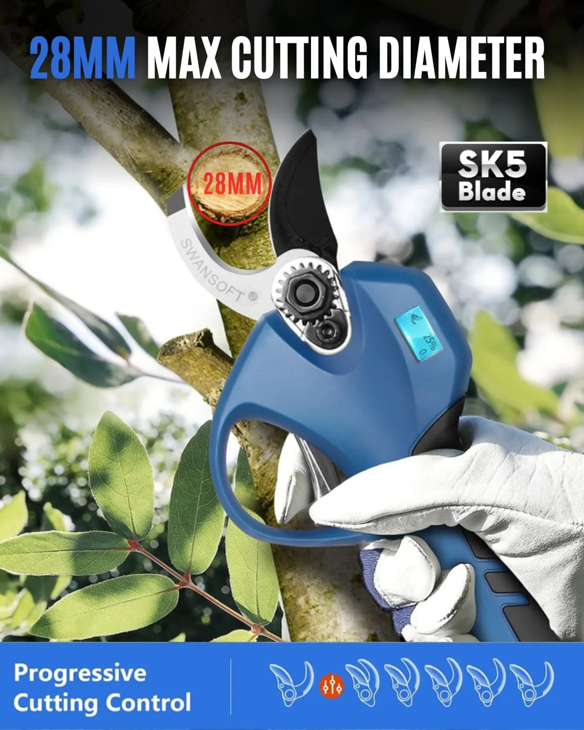 Секатор акумуляторний SWANSOFT PRU28, 28 мм, 16.8 В, 2 + 2 Аг, фото №4