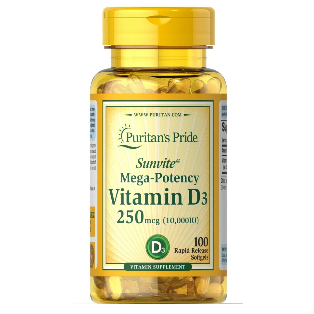 Vitamin D3 250mcg(10000 IU Mega-Potency 100 softgels, фото №1