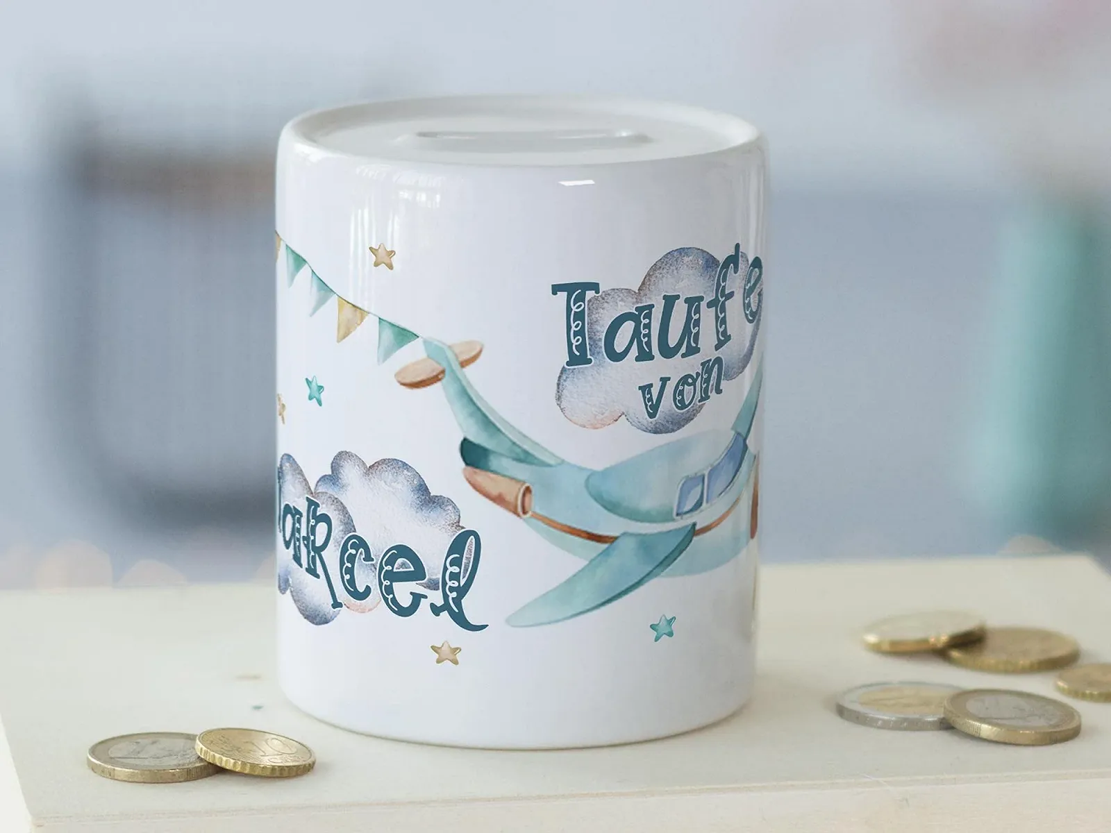 Скарбничка GRAZDesign Хрещення хлопчика персоналізована Літак керамічна, фото №5