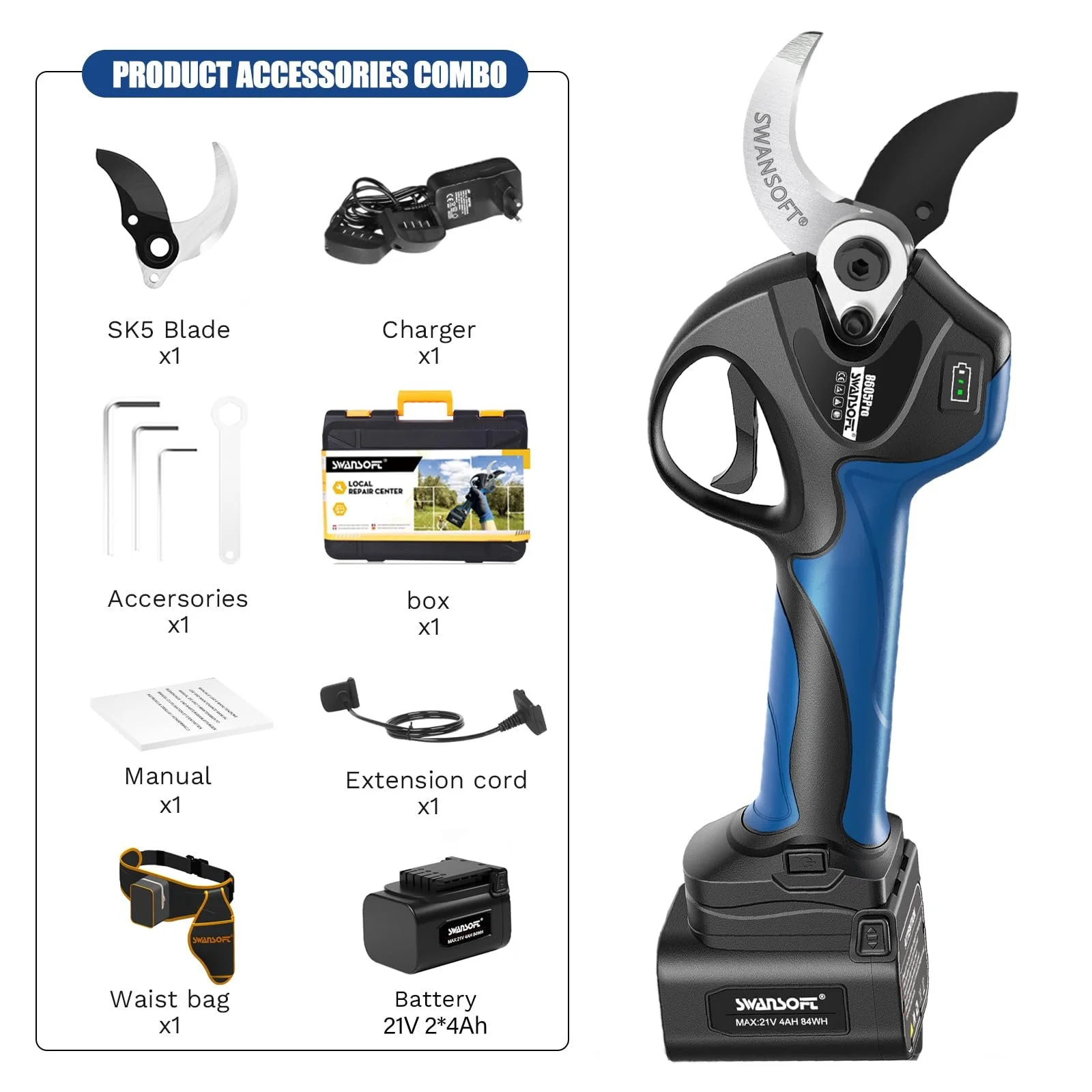 Секатор акумуляторний SWANSOFT 40 мм з подовжувальним кабелем, 2 x 4 Аг батареї, фото №6