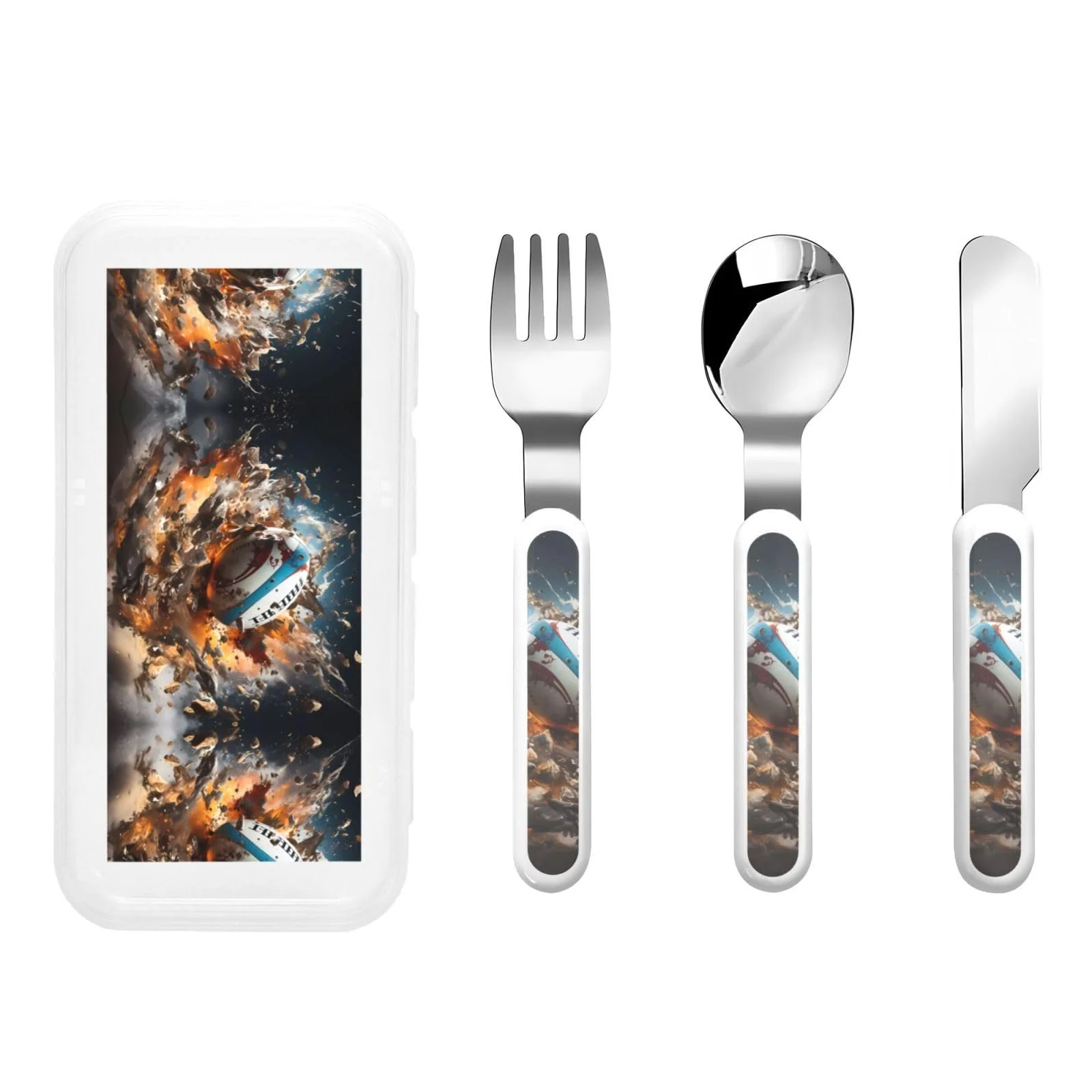 Набір дитячих столових приборів з принтом Rugby on Fire, три предмети, багаторазовий, фото №1 Набір дитячих столових приборів з принтом Rugby on Fire, три предмети, багаторазовий, фото №1